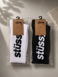 STUSSY ロゴソックス 靴下 2足セット 黒 白 メンズ レディース