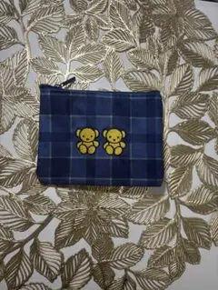 ベア刺繍 チェック柄 ポーチ ネイビーのサムネイル