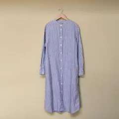 無印良品　リネンワンピース　ノーカラー　麻100% ストライプ　青　白