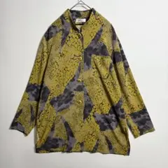 総柄 柄シャツ 長袖 シャツ イエロー グレー スリット 派手 ノーカラー