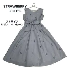 ストロベリーフィールズ ストライプ 花刺繍 ワンピース ウエスト リボン ブルーのサムネイル