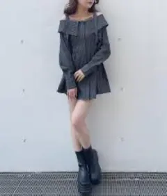 ストライプ オフショルダー ミニワンピース