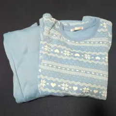 水色 雪の結晶ノルディック柄ハート150　女児フリースパジャマ上下セット