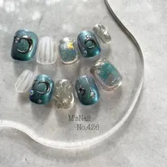 ネイルチップ マグネット 青 月 ちゅるん キラキラ 韓国 Y2k ミラーネイル