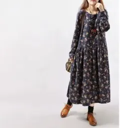 M ロング ワンピース シャツ　花柄 長袖 Aライン 春　ドッキング　紺 c2