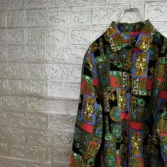 総柄デザイン　アート調ヴィンテージ古着ポリシャツ韓国　幾何学模様　長袖シャツ