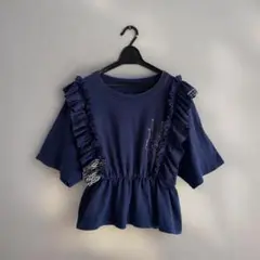 古着 リメイクTシャツ フリル付きネイビーTシャツ
