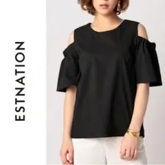 ESTNATION オフショルダーブラウス ブラック 黒 リネン混 トップス Sのサムネイル