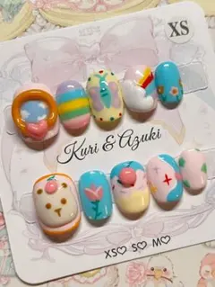 【XS】いちごクマ　現品　ネイルチップ完成品2点セット　ハンドペイント　立体