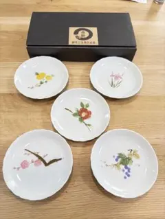 ⭐️新品・未使用⭐️ 美濃焼　赤絵　絵変り五寄小皿揃 豆皿　小皿　和食器　藤峰窯