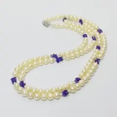 天然石アメジストと貝パールロングネックレス