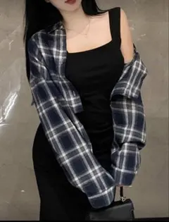 【新品未使用】ネイビーブルー チェック柄 長袖シャツ