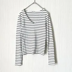 1733 グレイル 長袖カットソー 白 黒 ボーダー M Vネック