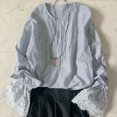 美品＊スピックアンドスパン コットンエンブロイダリーブラウス ストライプ 刺繍