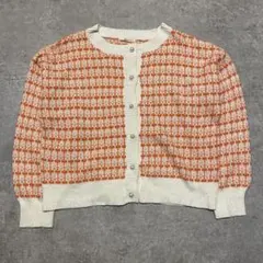 vintage　チェック柄　ニット　カーディガン　オレンジ×白　クルーネック