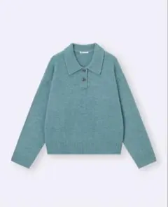 パフニットポロシャツ 青緑色　長袖