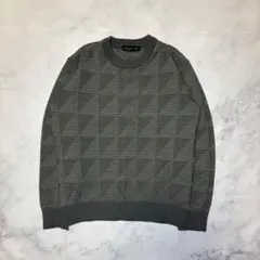 ヴィンテージ ニット 幾何学模様 総柄 グレー モノトーン クルーネック M
