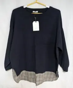 ネイビー 長袖 トップス チェック柄裾付き　大きいサイズ