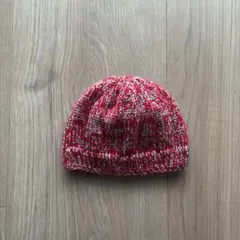 ニット帽　ハンドメイド　ビーニー　グレー×レッド