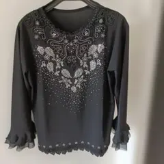 豪華なスパンコール＆刺繍入りブラック長袖トップス Lサイズ