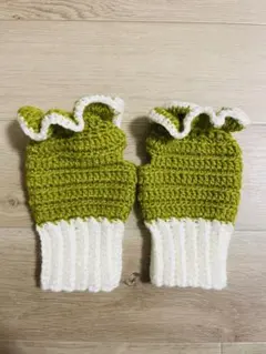 ハンドウォーマー　黄緑×白　レディース　ハンドメイド　かぎ針編み