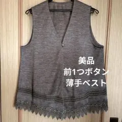 美品 裾レース ベスト ジレ チャコール系 前あき 薄手