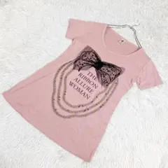 半袖Tシャツ リボン　ビジュー装飾　くすみピンク
