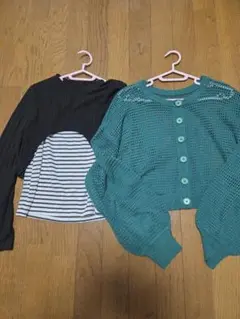 黒ストライプとターコイズカーディガンセット　小学校　シンプル　無地