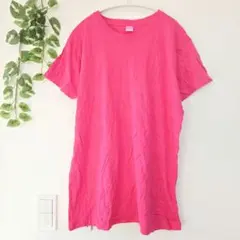 LAT Tシャツ 2XL ピンク ロング丈 派手 ビビッドカラー 原色 無地