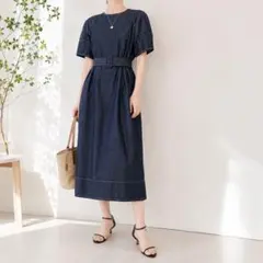 美品 アドーア ADORE リネンブレンド デニムワンピース サイドリボン