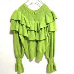 AMERI 2WAY RUFFLE KNIT TOP フリル付きライムグリーン