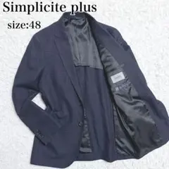 Simplicite plus 千鳥格子 ジャケット 48 L ネイビー 絹 麻