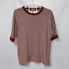 古着 M ブラウン ミニボーダー リブTシャツ リンガーT風 5分袖 茶 白