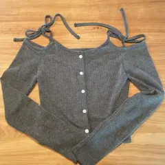 ダブルリボンオフショルダーリブショートカーディガン