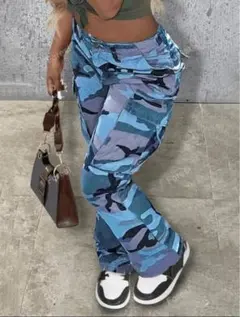 青系迷彩 ハイウエストカーゴパンツ