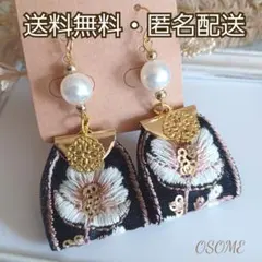 送料無料・匿名配送【インド刺繍リボンピアス】No.24◆小箱に入れて発送◆