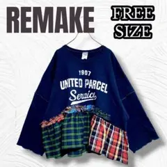 フリーサイズ リメイクトレーナー US古着 ロゴ チェック ネイビー r0144