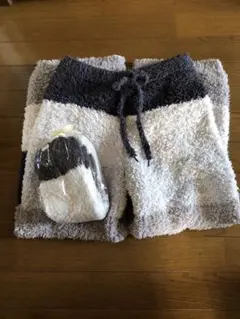 （未使用）フリース ワイドパンツ グレー系ストライプ レッグウォーマー付き