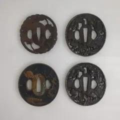 江戸明治期 日本刀装具 花鳥図 牡丹 金象嵌 縁頭 3点 骨董品 美術品