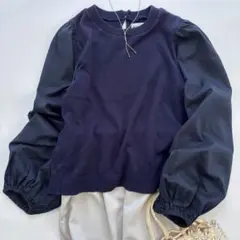 美品 ビアズリー バックブラウス 切り替えニット ネイビー 洗える
