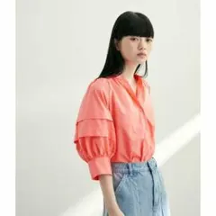 ADAM ET ROPE ボーダータックハーフスリーブブラウス　コーラルピンク