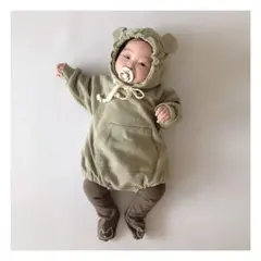 くま耳ロンパース くま耳帽子 ロンパース ユニセックス 長袖ロンパース カーキ