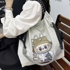 現物写真　刺繍Labubuラブブ　大容量　エコバッグ　トートバッグ　ショルダー付