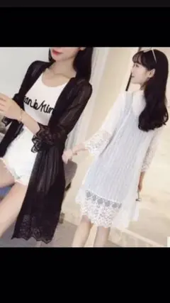 レースロングカーディガン　ブラック　M レース セクシー シースルー　7部丈