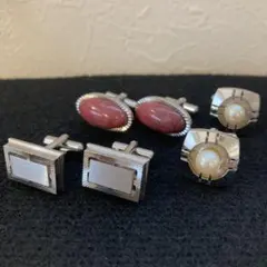 【シルバー・珊瑚・パール】 昭和のカフス3点セット