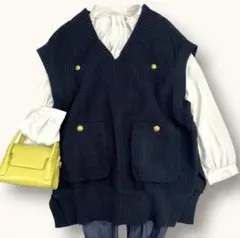 ROPE ロペ M コットンシルク ツイードニットベスト 金ボタン ネイビー