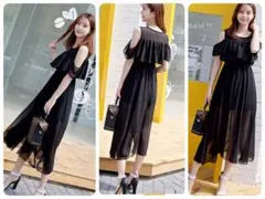 シフォン オフショルダー 肩出し ワンピース ハイウエスト 結婚式 二次会