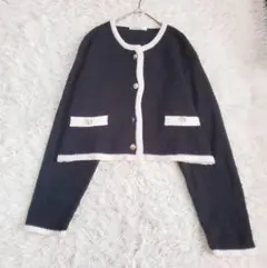 ローズファーム カーディガン ツイード風 バイカラー 金ボタン（L）クラシカル