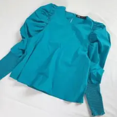 【美品】ZARA ターコイズ パフスリーブ ブラウス シャツ