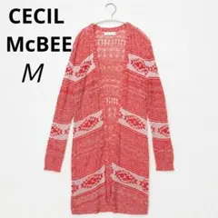CECIL McBEE オルテガ柄 透かし編み ロングカーディガン M 赤のサムネイル
